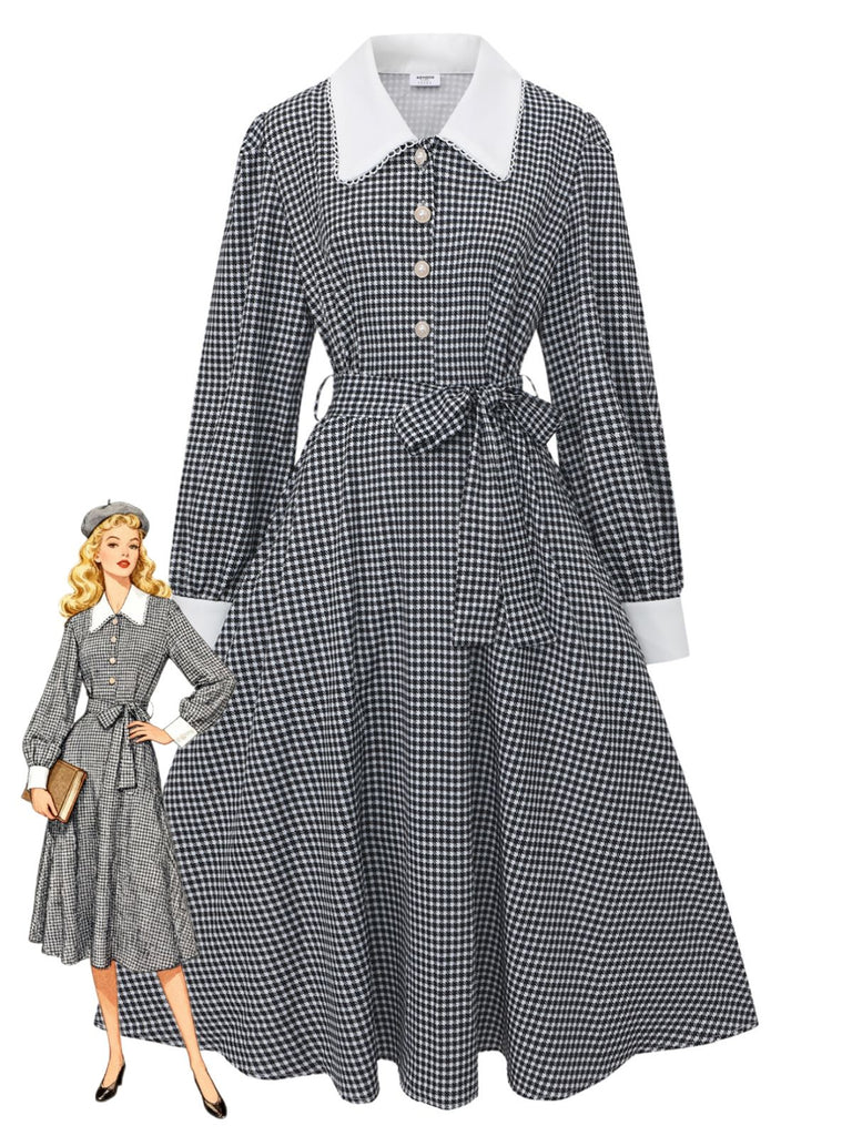 Black 1940s Houndstooth Puff-Sleeves Pearl Button Dress - vintage dress, retro fashion, classic black