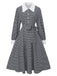 Black 1940s Houndstooth Puff-Sleeves Pearl Button Dress - vintage dress, retro fashion, classic black