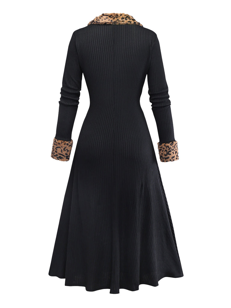 Black 1940s Leopard Faux Fur Trim Ribbed Knit Dress - vintage dress, retro fashion, classic black