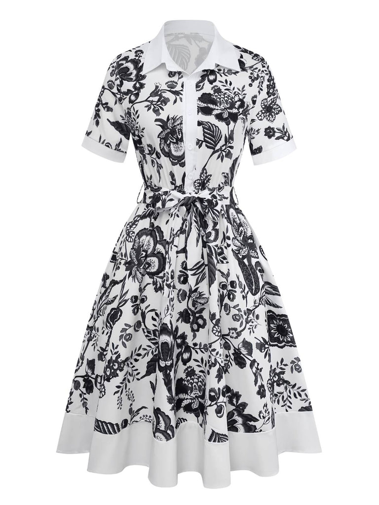 Black 1940s Plants Floral Shirt Collar Belted Dress - vintage dress, retro fashion, classic black