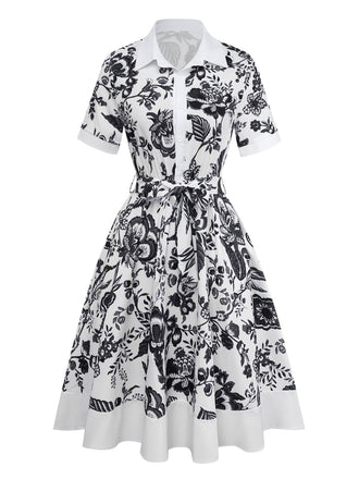 Black 1940s Plants Floral Shirt Collar Belted Dress - vintage dress, retro fashion, classic black