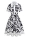 Black 1940s Plants Floral Shirt Collar Belted Dress - vintage dress, retro fashion, classic black