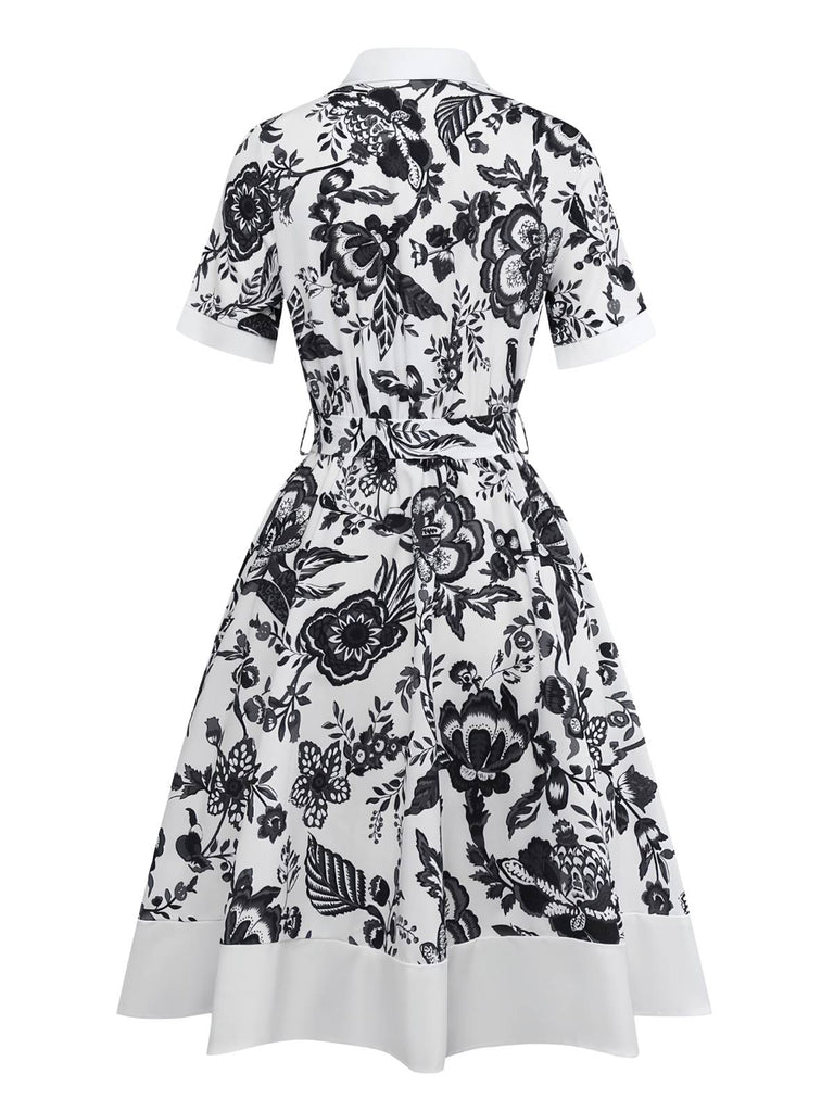 Black 1940s Plants Floral Shirt Collar Belted Dress - vintage dress, retro fashion, classic black