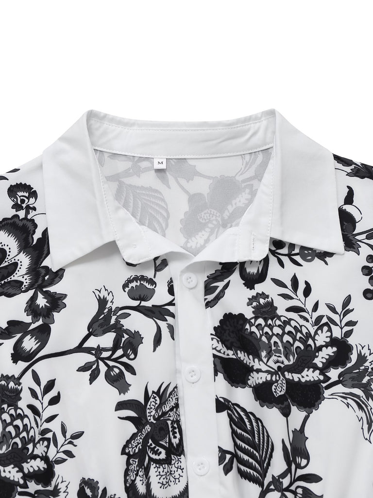 Black 1940s Plants Floral Shirt Collar Belted Dress - vintage dress, retro fashion, classic black