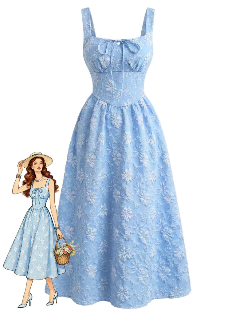 Blue 1940s Square Neck Empire Waist Jacquard Smocked Dress - vintage dress, retro fashion