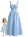 Blue 1940s Square Neck Empire Waist Jacquard Smocked Dress - vintage dress, retro fashion