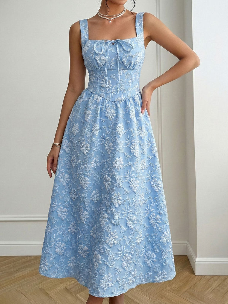 Blue 1940s Square Neck Empire Waist Jacquard Smocked Dress - vintage dress, retro fashion