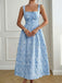 Blue 1940s Square Neck Empire Waist Jacquard Smocked Dress - vintage dress, retro fashion