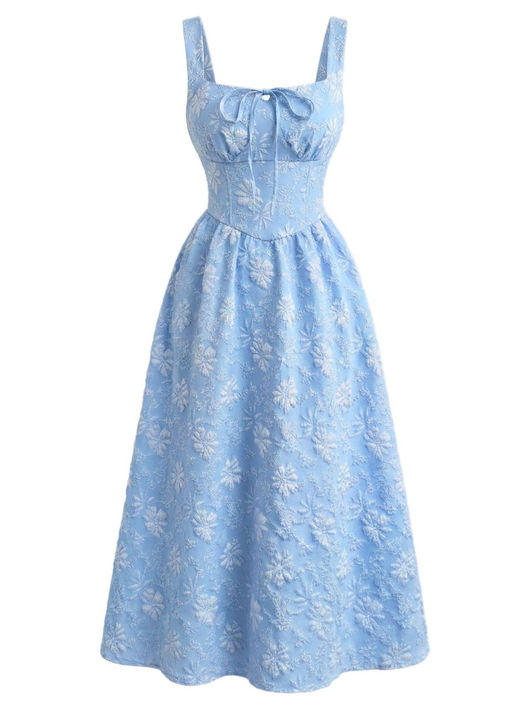 Blue 1940s Square Neck Empire Waist Jacquard Smocked Dress - vintage dress, retro fashion