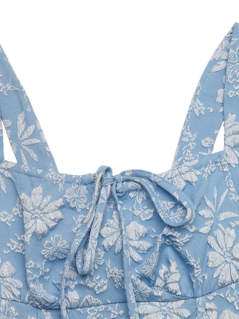 Blue 1940s Square Neck Empire Waist Jacquard Smocked Dress - vintage dress, retro fashion
