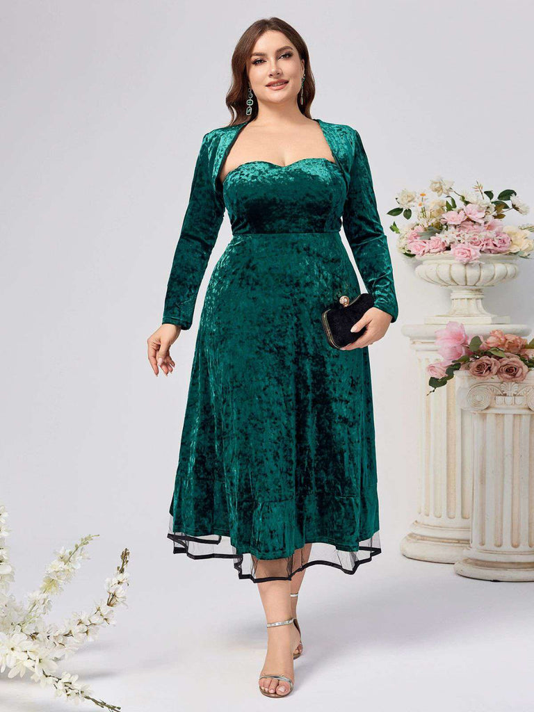 2PCS Green 1940s Velvet Sweetheart Mesh Dress & Coat - vintage dress, retro fashion