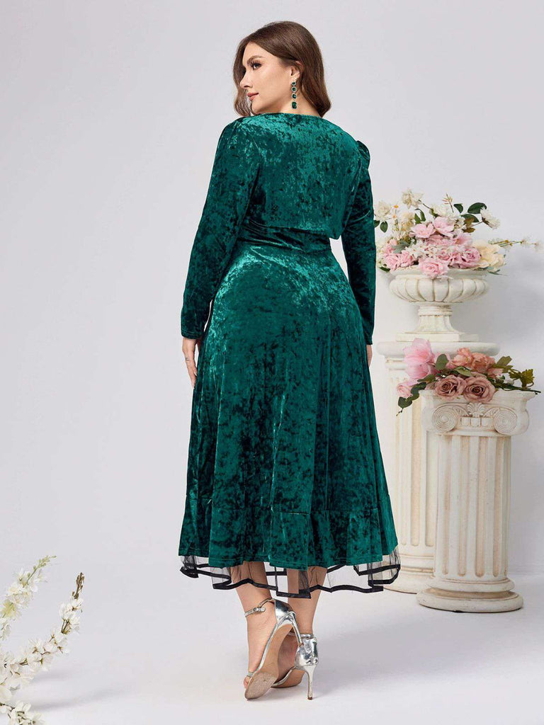 2PCS Green 1940s Velvet Sweetheart Mesh Dress & Coat - vintage dress, retro fashion