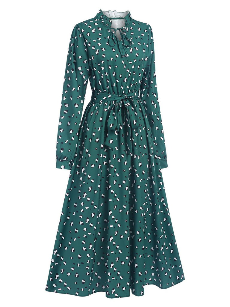 Dark Green 1940s Ruffled Neck Long Sleeve Belted Dress - vintage dress, retro fashion