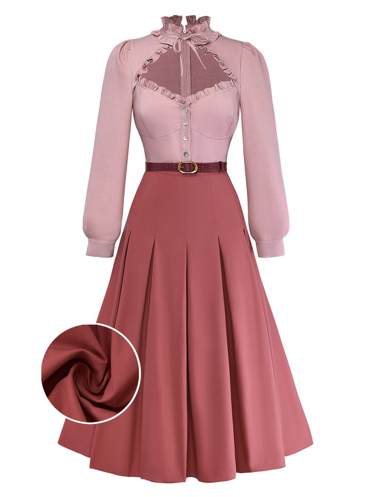 Dusty Pink 1940s Cotton Contrasted Keyhole Ruffled Dress - vintage dress, retro fashion