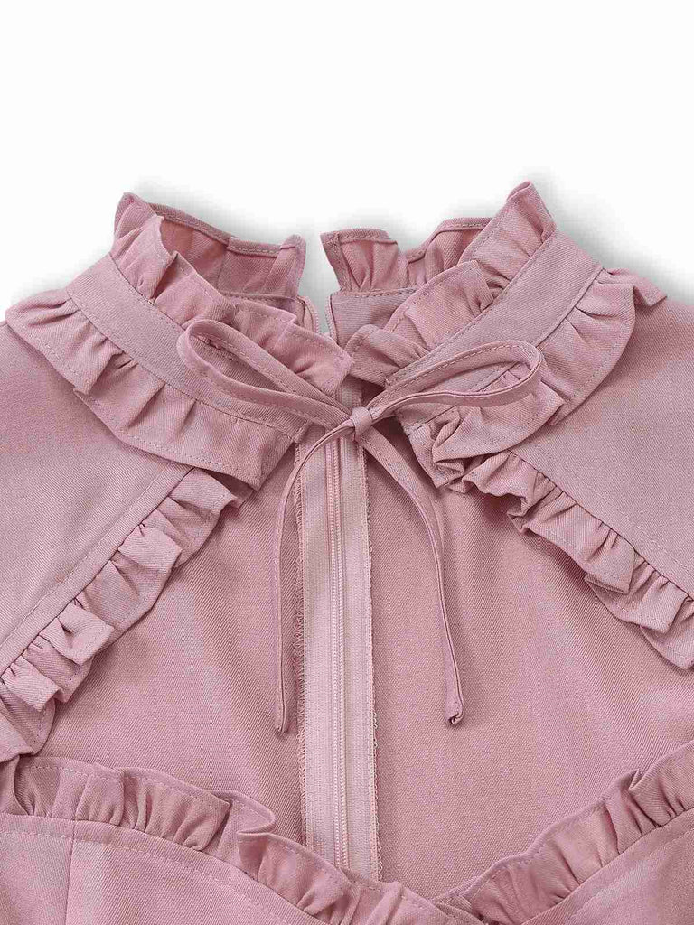 Dusty Pink 1940s Cotton Contrasted Keyhole Ruffled Dress - vintage dress, retro fashion