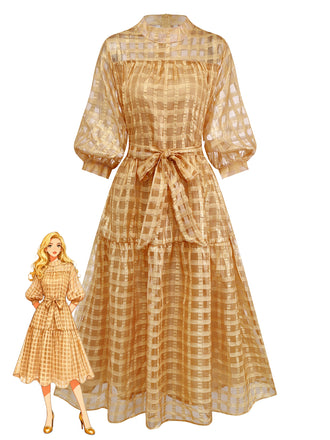Gold 1940s Sheer Grid Puff-Sleeve Belted Midi Party Dress - vintage dress, retro fashion, glamorous gold