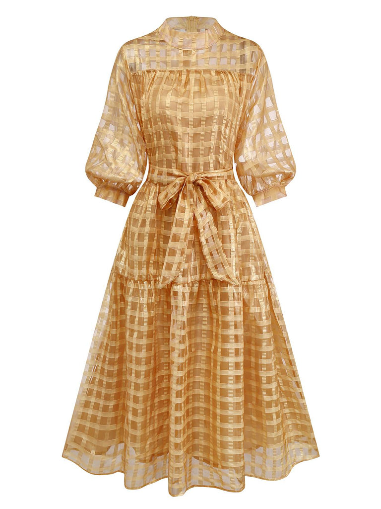 Gold 1940s Sheer Grid Puff-Sleeve Belted Midi Party Dress - vintage dress, retro fashion, glamorous gold