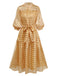 Gold 1940s Sheer Grid Puff-Sleeve Belted Midi Party Dress - vintage dress, retro fashion, glamorous gold