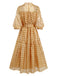 Gold 1940s Sheer Grid Puff-Sleeve Belted Midi Party Dress - vintage dress, retro fashion, glamorous gold