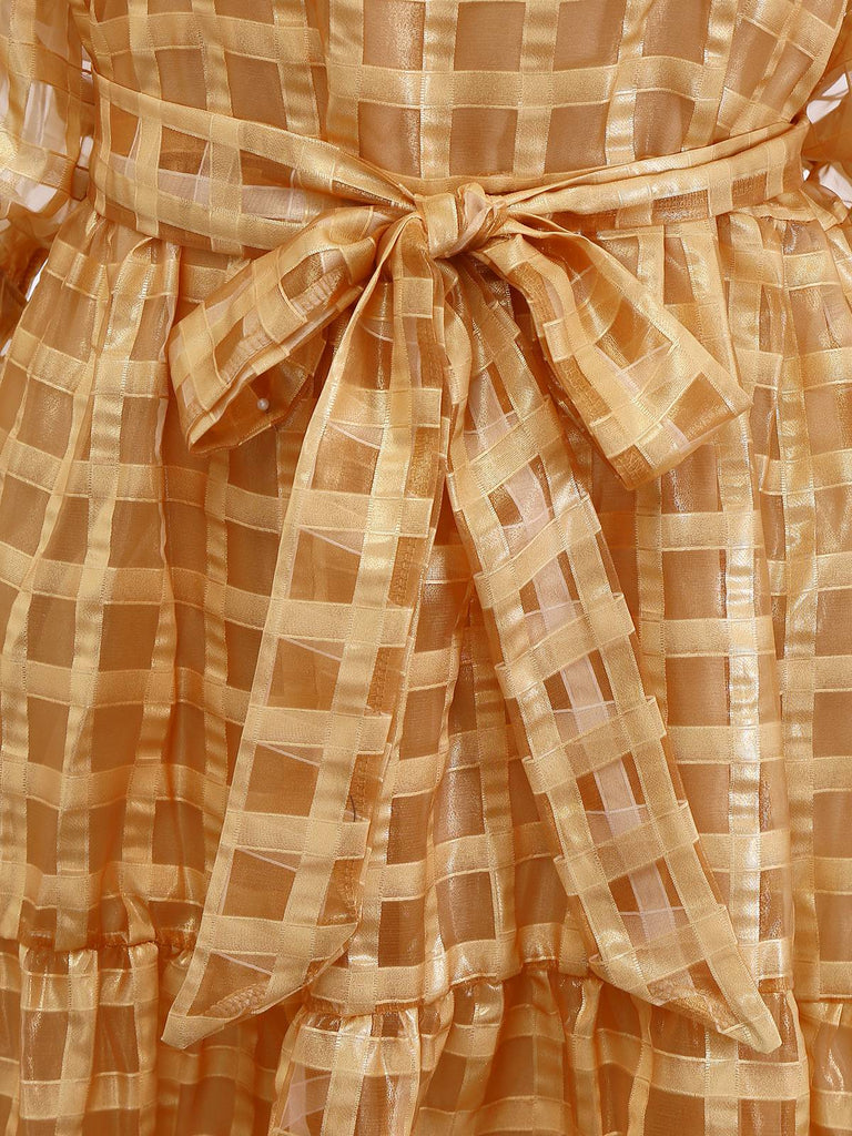Gold 1940s Sheer Grid Puff-Sleeve Belted Midi Party Dress - vintage dress, retro fashion, glamorous gold