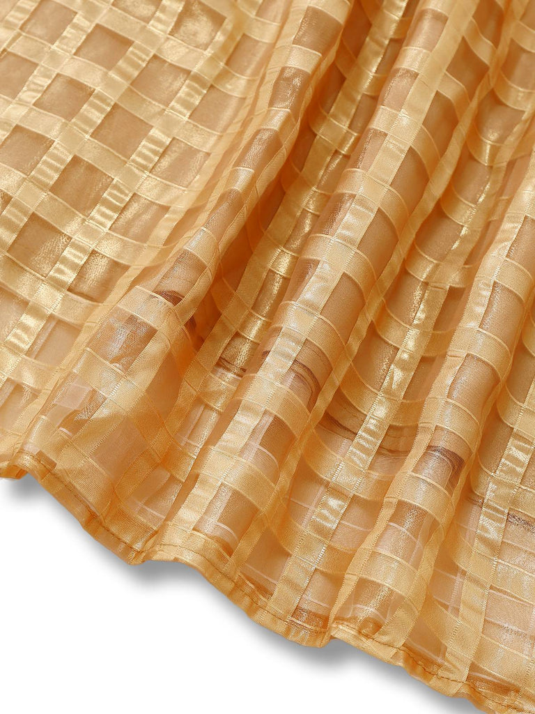 Gold 1940s Sheer Grid Puff-Sleeve Belted Midi Party Dress - vintage dress, retro fashion, glamorous gold