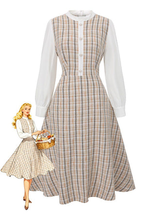 Khaki 1940s Vintage Style Patchwork Long Sleeve Dress - vintage dress, retro fashion