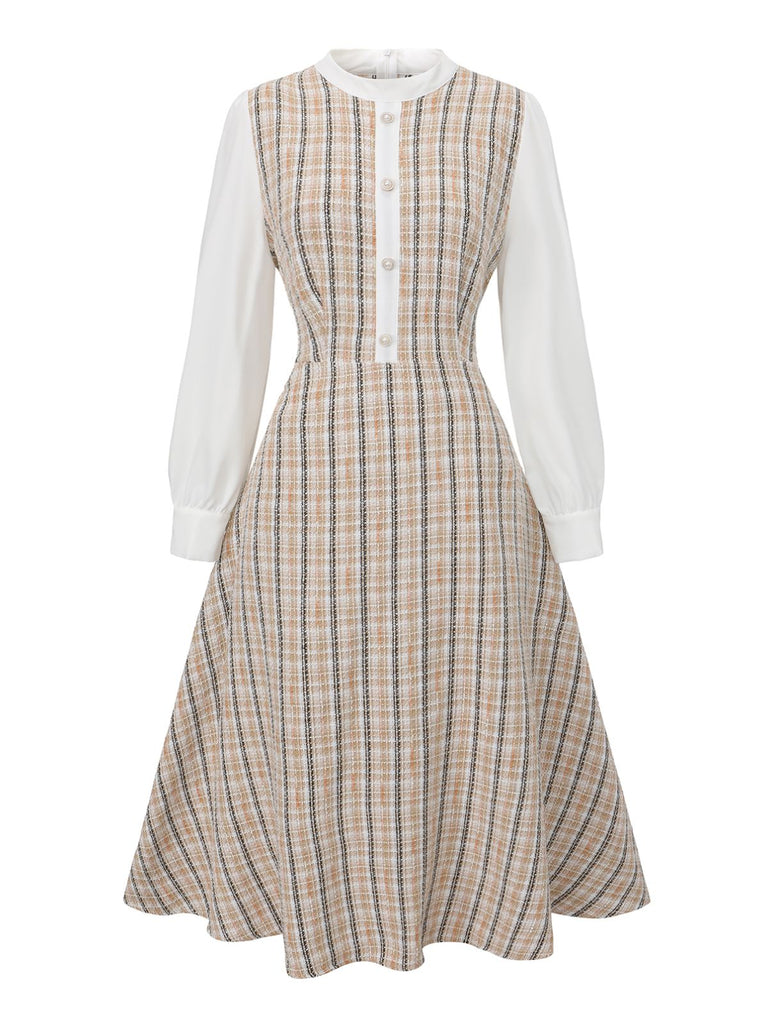 Khaki 1940s Vintage Style Patchwork Long Sleeve Dress - vintage dress, retro fashion
