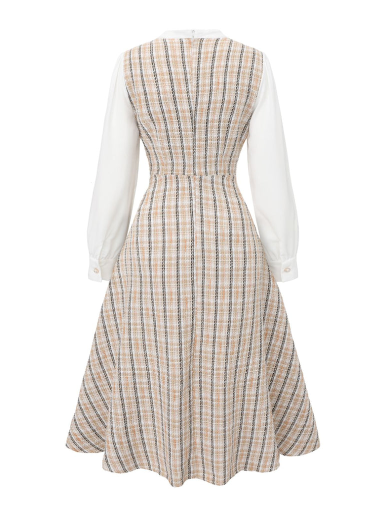 Khaki 1940s Vintage Style Patchwork Long Sleeve Dress - vintage dress, retro fashion