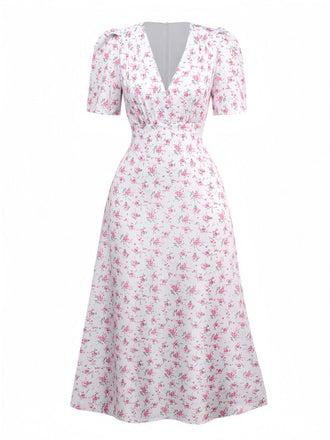Lavender 1940s Ditsy Floral V-Neck Puff Sleeve Dress - vintage dress, retro fashion