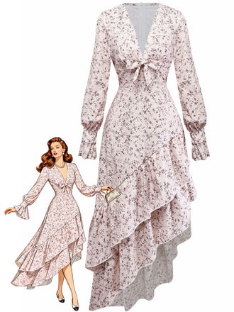 Multicolor 1940s Floral V-Neck Irregular Ruffle Hem Dress - vintage dress, retro fashion