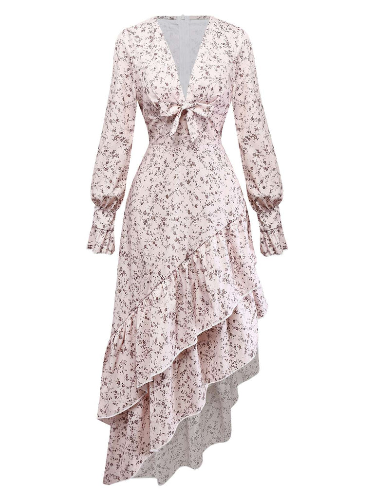 Multicolor 1940s Floral V-Neck Irregular Ruffle Hem Dress - vintage dress, retro fashion