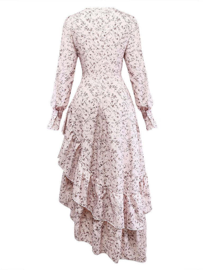 Multicolor 1940s Floral V-Neck Irregular Ruffle Hem Dress - vintage dress, retro fashion