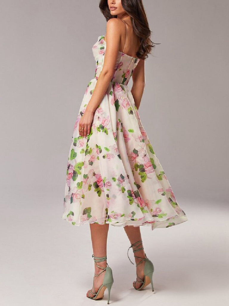 Multicolor 1940s Organza Floral Spaghetti Straps Dress - vintage dress, retro fashion