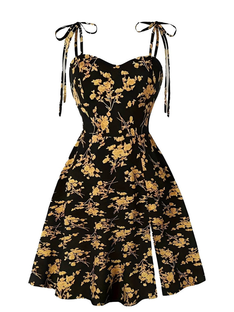 Orange 1940s Ditsy Floral Spaghetti Strap Lace-Up Dress - vintage dress, retro fashion