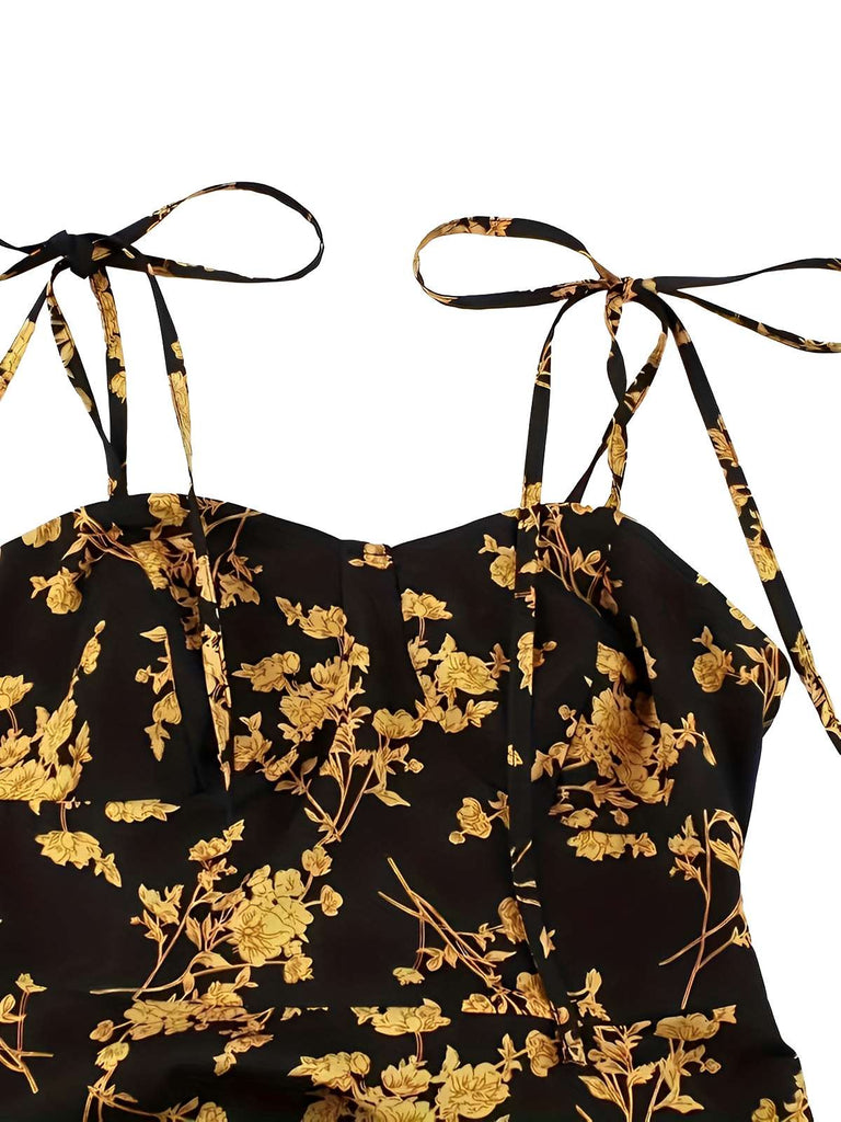 Orange 1940s Ditsy Floral Spaghetti Strap Lace-Up Dress - vintage dress, retro fashion
