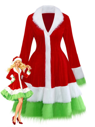 Red & Green 1940s Christmas Grinch Fur Trimmed Dress - vintage dress, retro fashion, elegant red