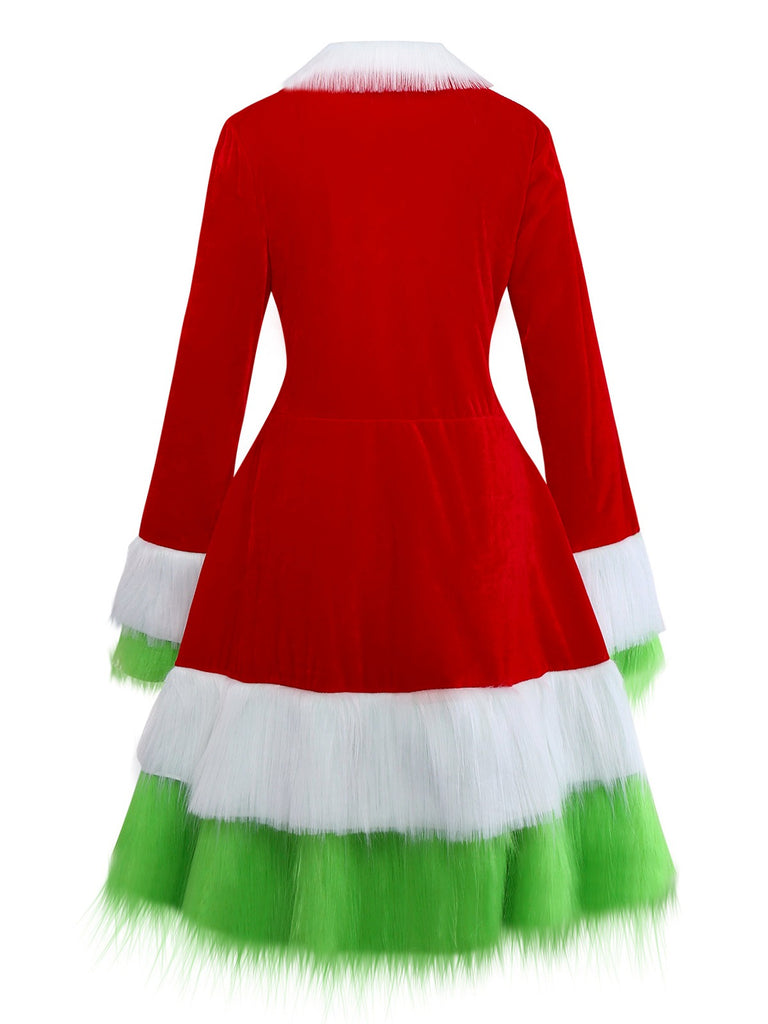Red & Green 1940s Christmas Grinch Fur Trimmed Dress - vintage dress, retro fashion, elegant red