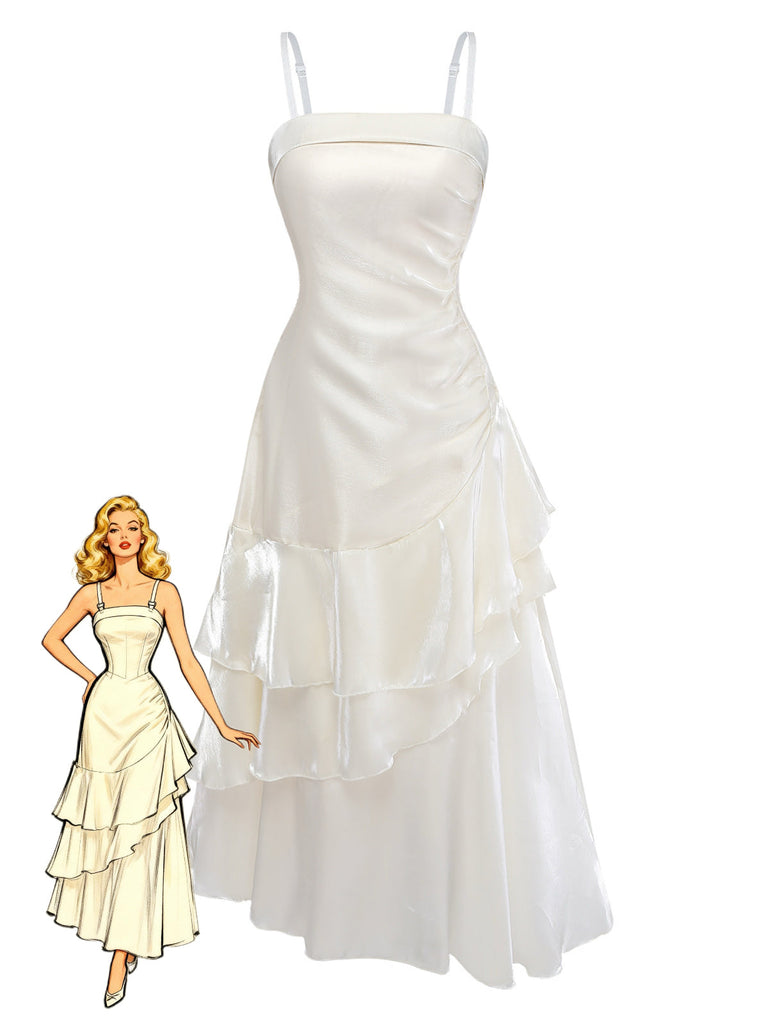 White 1940s Satin Tiered Spaghetti Strap Ruched Dress - vintage dress, retro fashion, elegant red