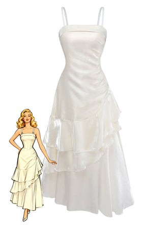 White 1940s Satin Tiered Spaghetti Strap Ruched Dress - vintage dress, retro fashion, elegant red