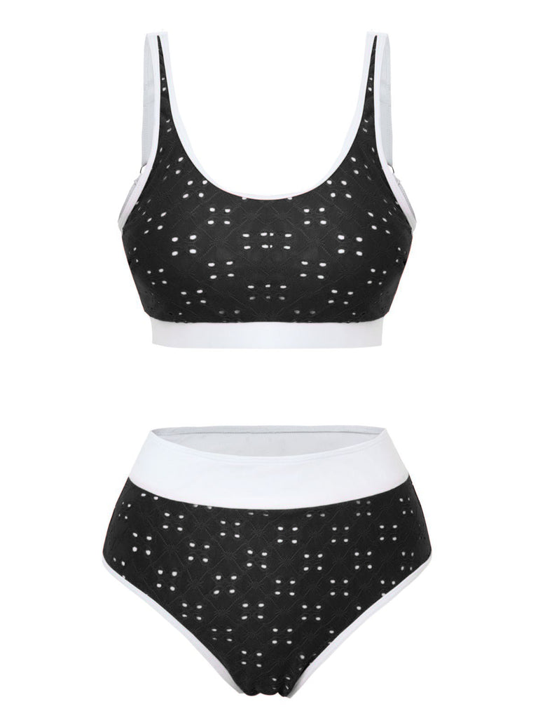 1940s Eyelet High Waisted Color Block Tankini Set - vintage fashion, retro style