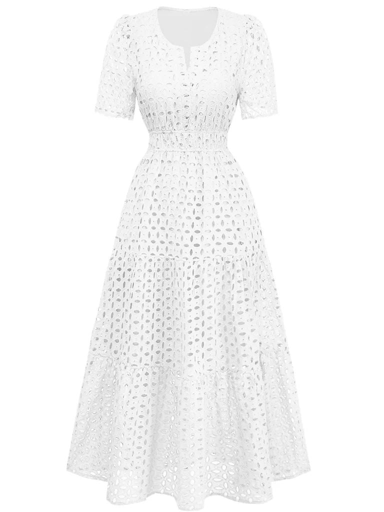 Yellow 1940s Eyelet Lace V-neck Tiered Maxi Dress, vintage dress, retro fashion, elegant, bohemian style, women, elegant