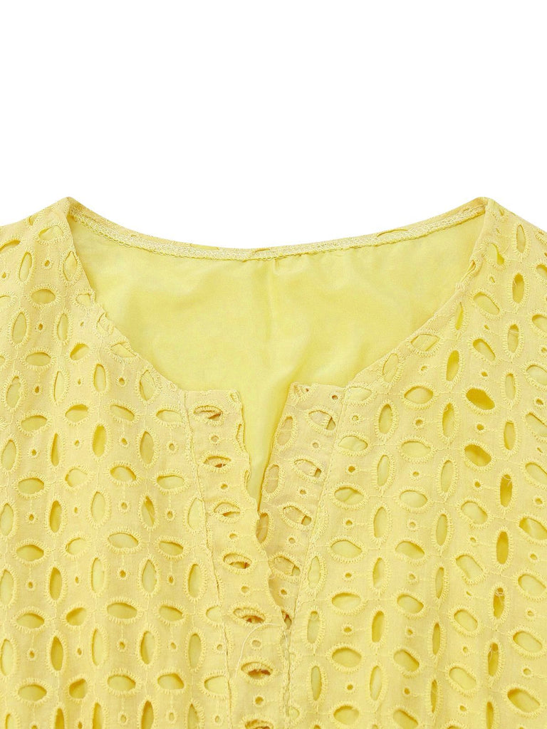 Yellow 1940s Eyelet Lace V-neck Tiered Maxi Dress, vintage dress, retro fashion, elegant, bohemian style, women, elegant