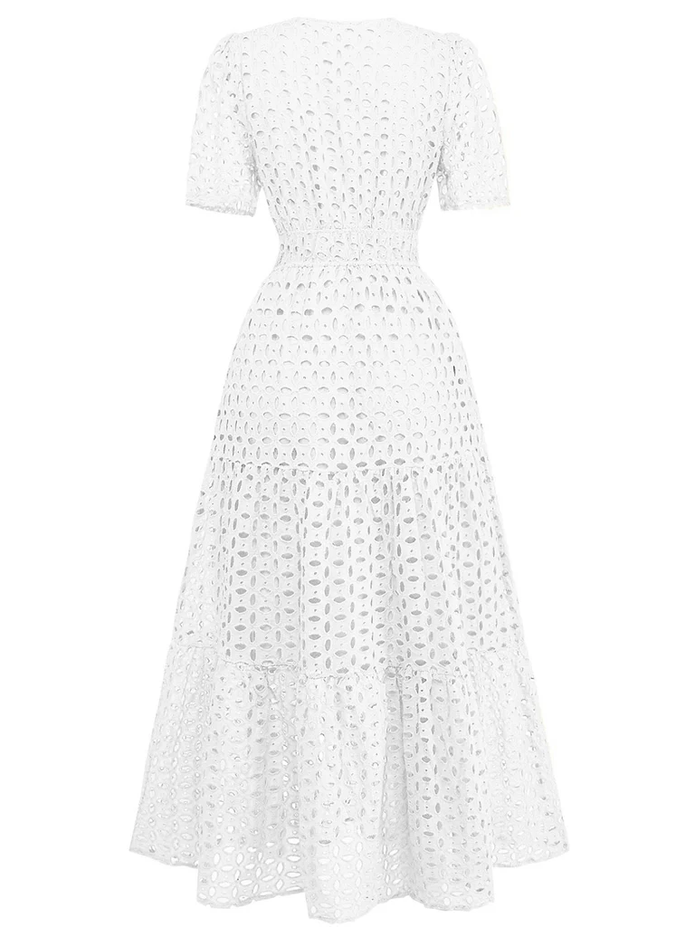 Yellow 1940s Eyelet Lace V-neck Tiered Maxi Dress, vintage dress, retro fashion, elegant, bohemian style, women, elegant
