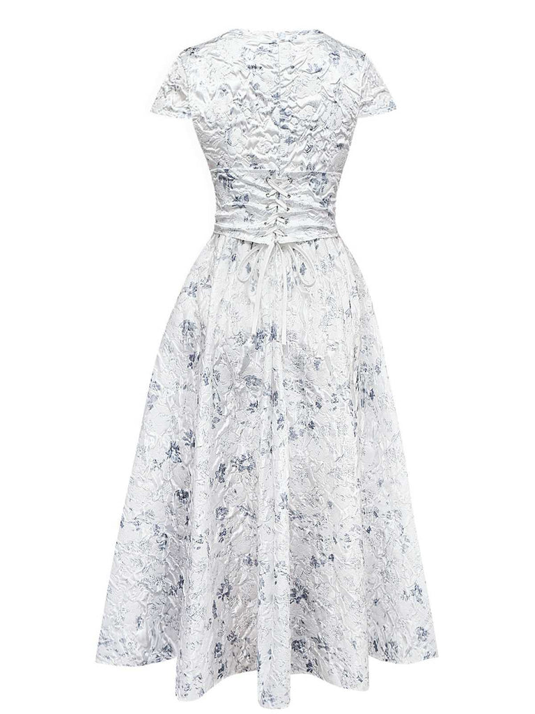 1940s Floral Crinkle-Jacquard Waistband Dress - vintage dress, retro fashion