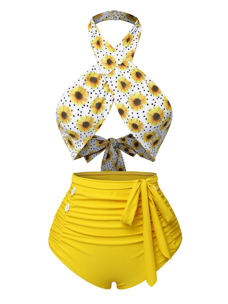 1940s Floral Cross Halter Swimsuit — 1940s poolside glamour meets sun-drenched confidence