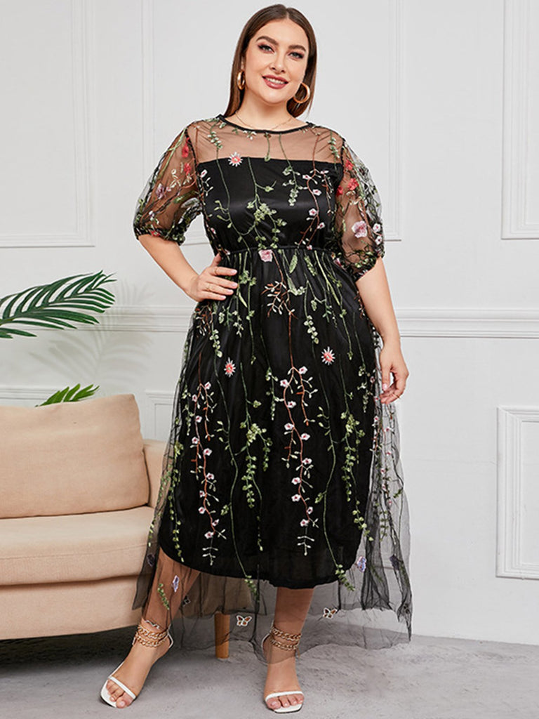 She slips into this 1940s Floral Embroidered Mesh 