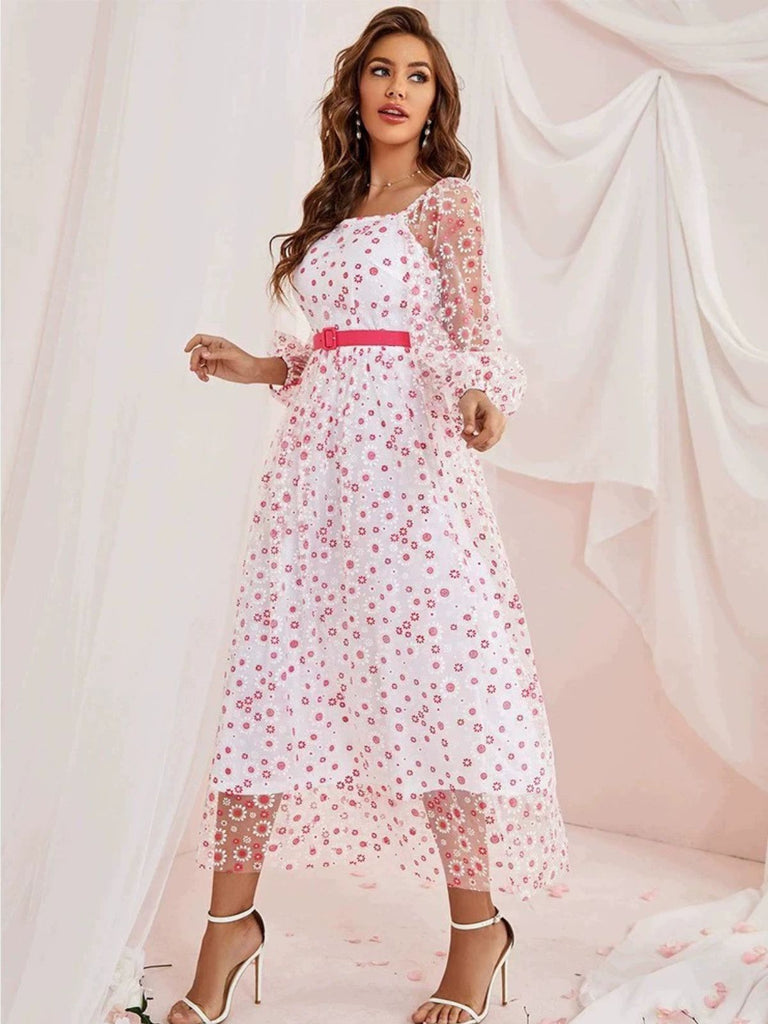 She slips into this 1940s Floral Illusion Square Neck Belt Dress and suddenly it's a 1940s daydream
