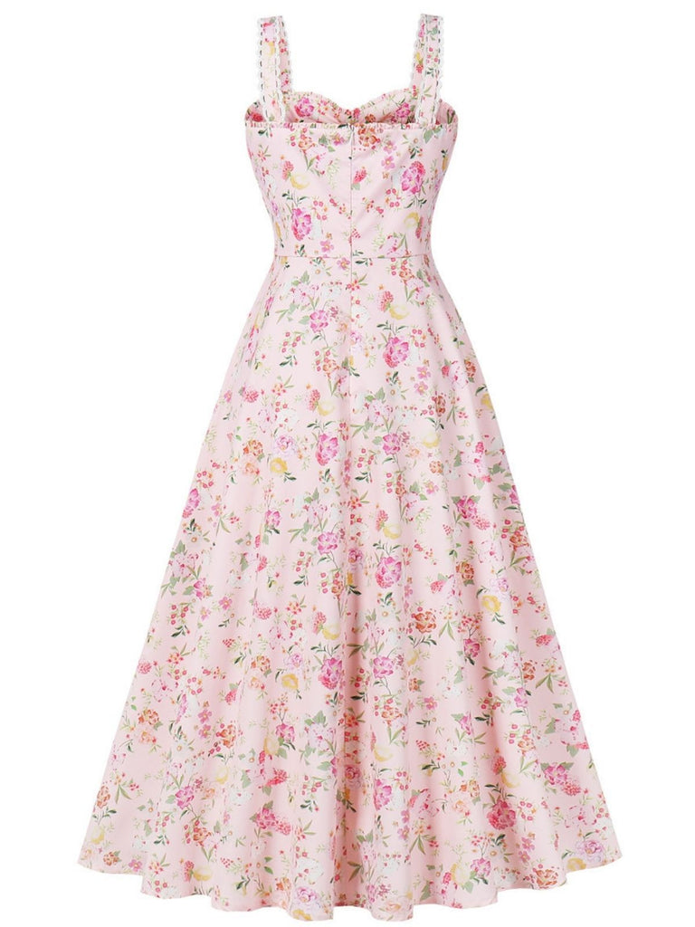 1940s Floral Lace-Up Wide Strap Dress - vintage dress, retro fashion