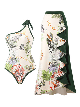 1940s Floral One Shoulder Swimsuit & Cover Up - vintage swimsuit, pin-up style
