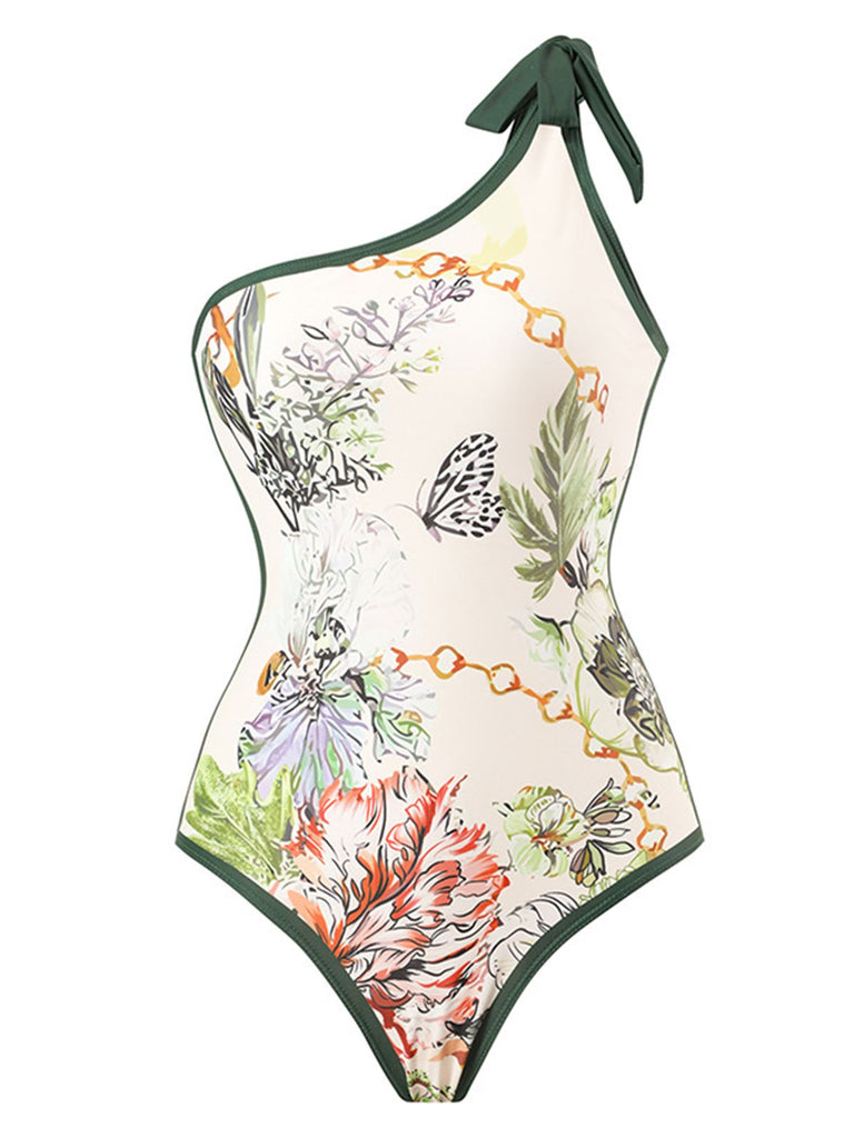 1940s Floral One Shoulder Swimsuit & Cover Up - vintage swimsuit, pin-up style
